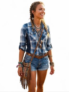 Ci Sono Blue Plaid Button Down Shirt M | Boho Festival Western Grunge Acid Wash